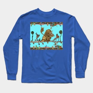 WEIRD MEDIEVAL BESTIARY MAKING MUSIC Violinist Lion,Hare,Snail Cat in Blue Turquoise Long Sleeve T-Shirt